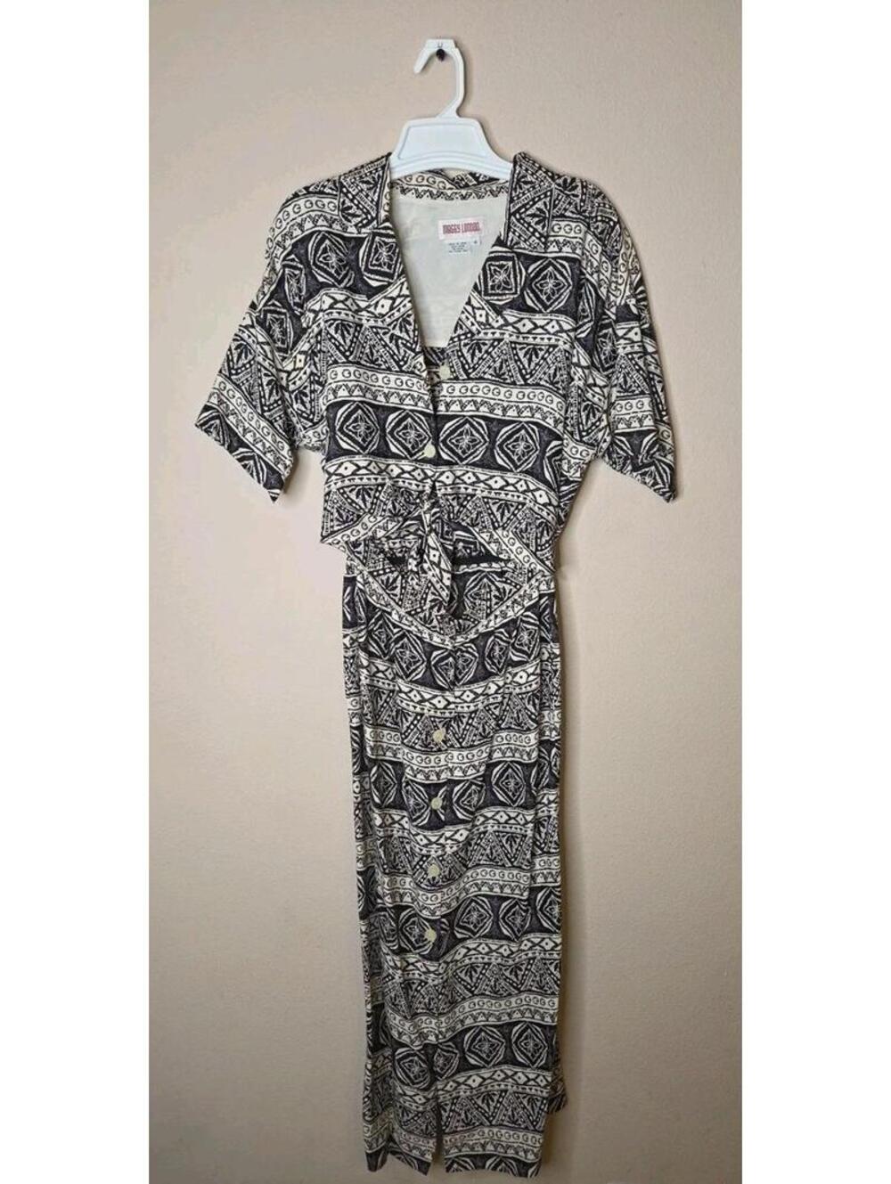 VTG Maggie London Black & White Geometric Cropped Midi Dress Size 8 Spring Time!